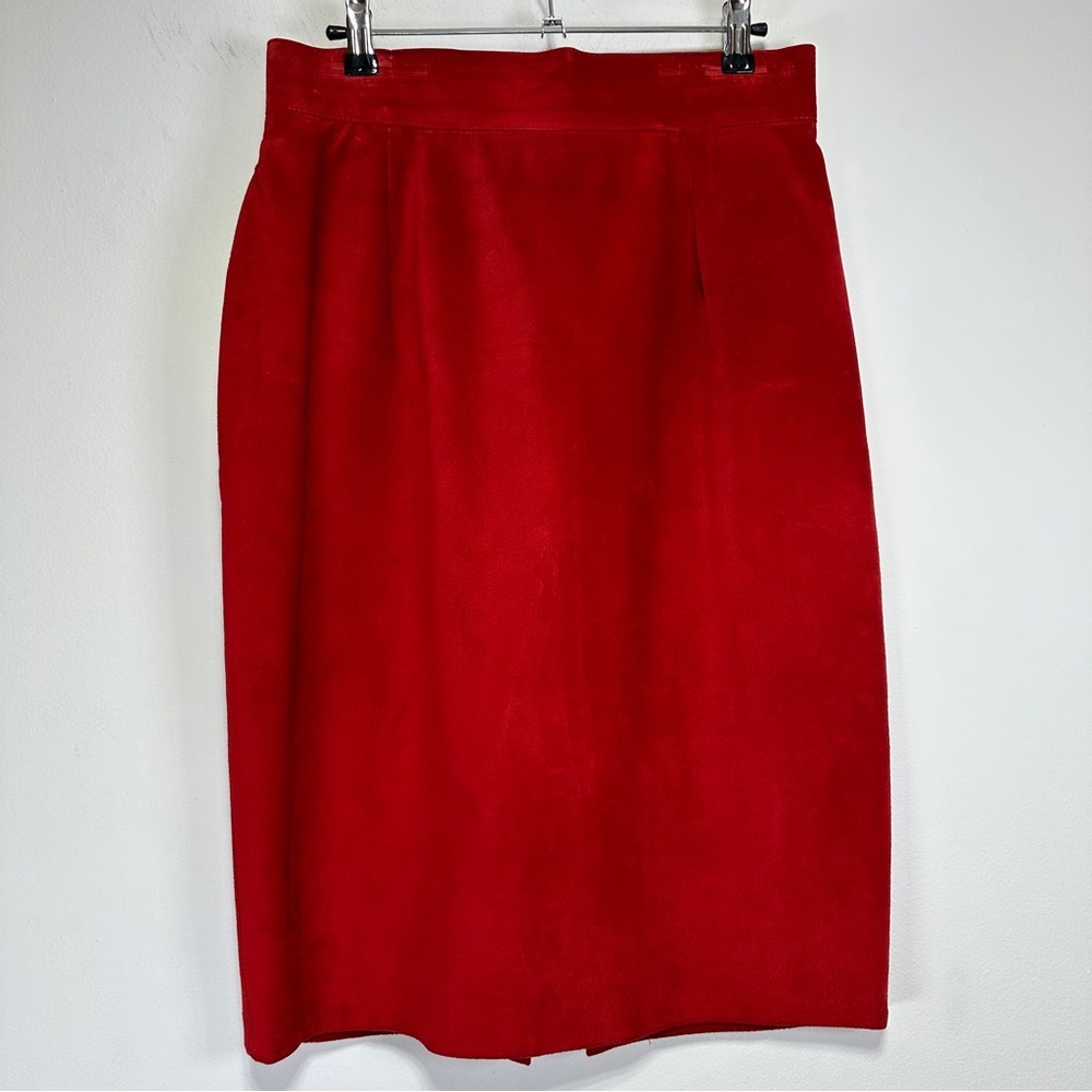 Danier Red Suede Leather Pencil Skirt US 8 Midi High Waist Crimson Workwear